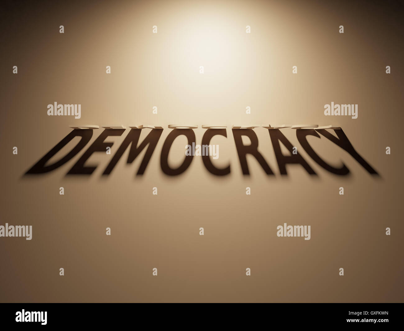 Un Rendering 3D dell'ombra di un upside down testo che legge la democrazia Foto Stock