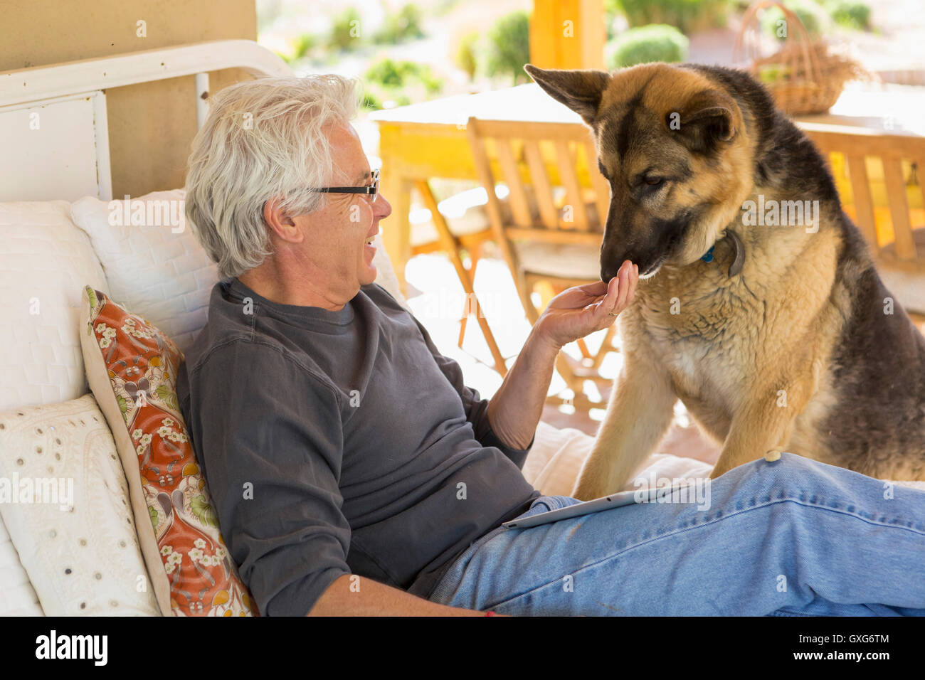 Uomo caucasico petting cane sul patio Foto Stock