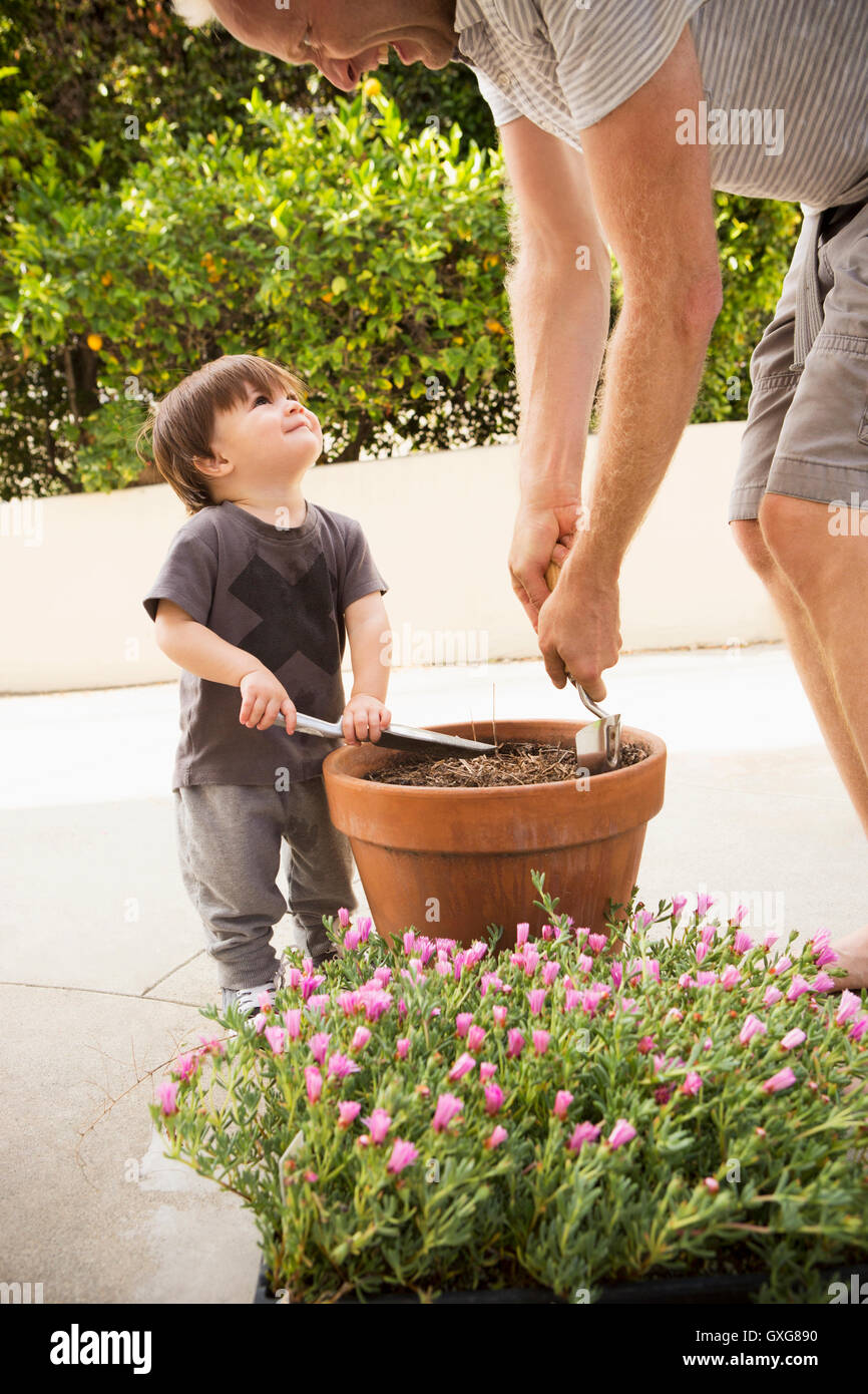 Padre e figlio la preparazione di pianta in vaso Foto Stock