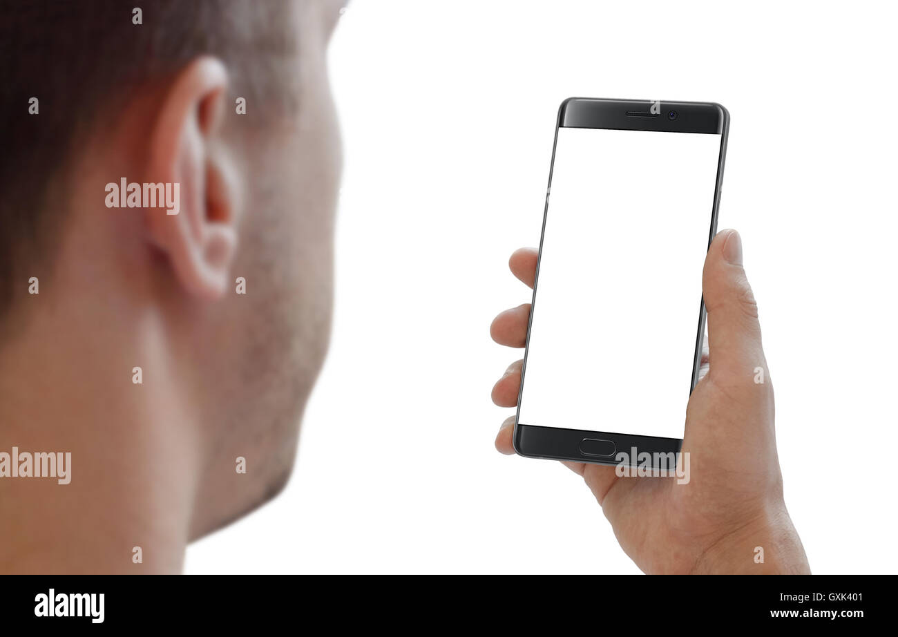 Uomo isolato di testa e smart phone in mano per mockup. Foto Stock
