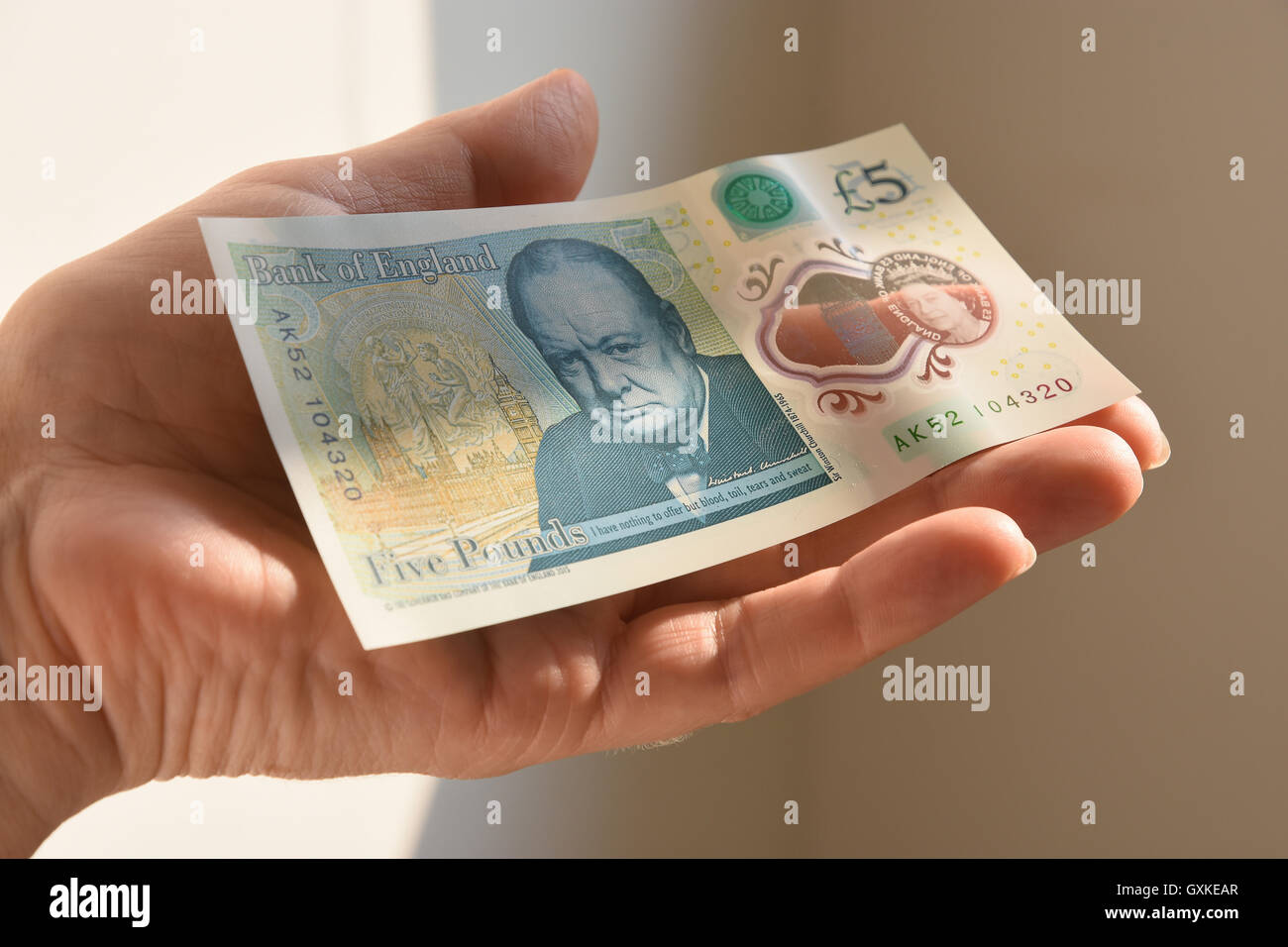 Il nuovo polimero REGNO UNITO cinque Pound nota Foto Stock