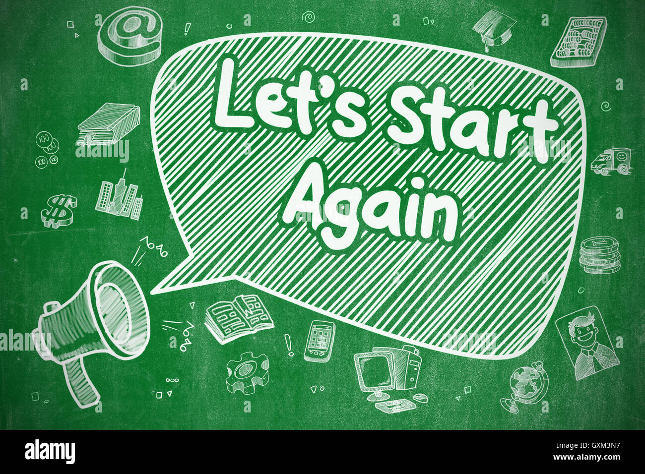 Consente di avviare di nuovo - Cartoon illustrazione sulla lavagna verde. Foto Stock