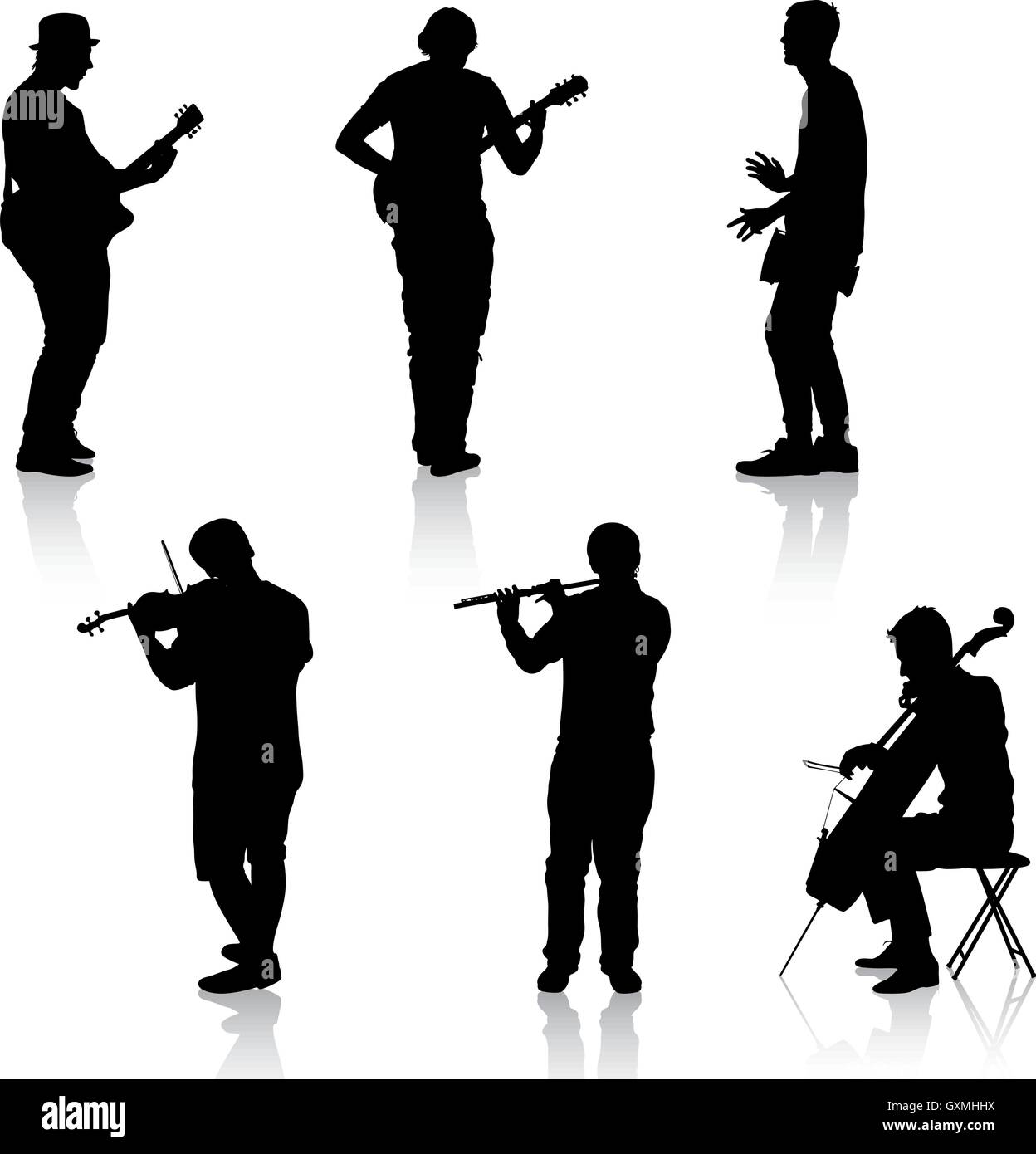 Sagome musicisti di strada a suonare strumenti. Illustrazione Vettoriale Illustrazione Vettoriale