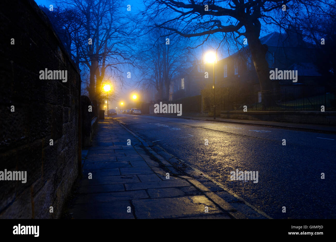 Back Street in Morningside, Edimburgo su un nebbioso inverno di sera Foto Stock