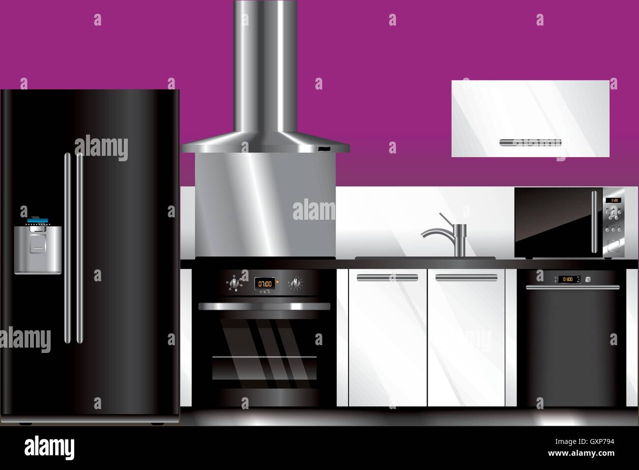 Vettore di cucina moderna in colori bianco e nero Illustrazione Vettoriale