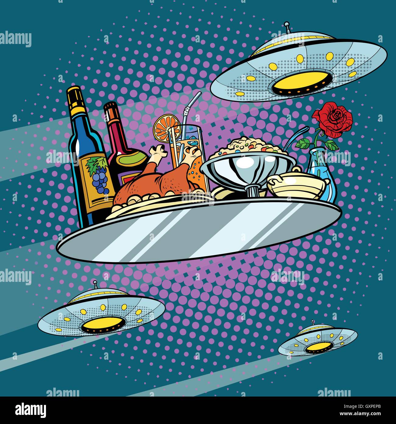 Volare un vassoio per la cena e UFO Illustrazione Vettoriale