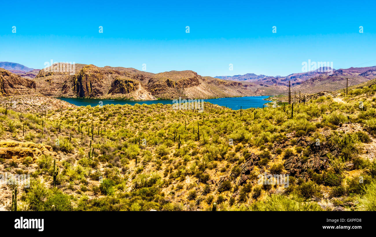 Canyon Lake e il paesaggio del deserto di Tonto National Forest lungo il sentiero di Apache in Arizona, Stati Uniti d'America Foto Stock