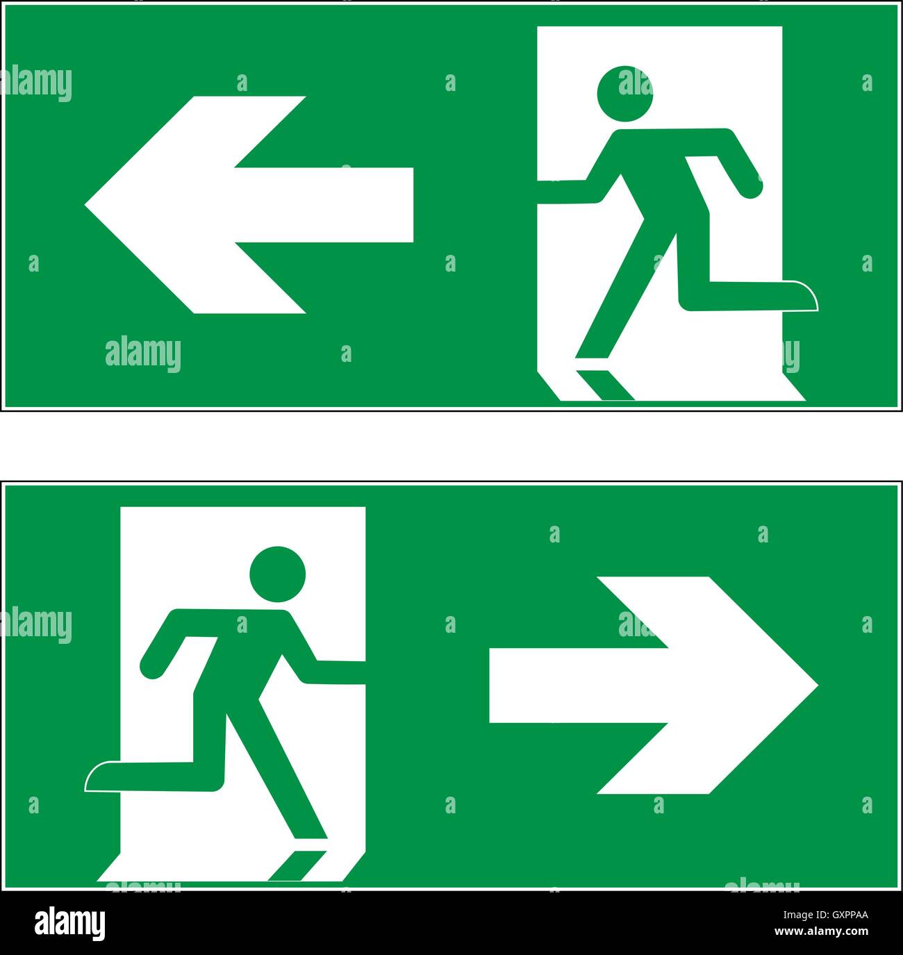 Uscita di emergenza a sinistra, uscita di emergenza destra, indicazioni dei percorsi di sfuggita, illustrazione vettoriale. Illustrazione Vettoriale