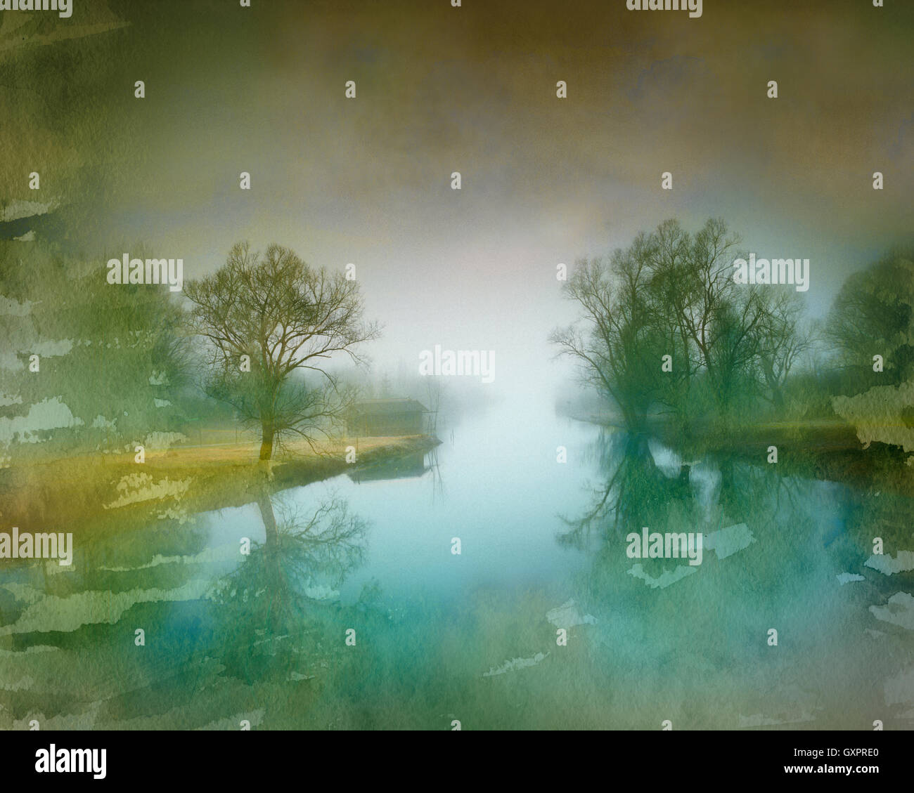 Arte digitale: Fiume Loisach immettendo il lago di Kochel, Baviera, Germania Foto Stock