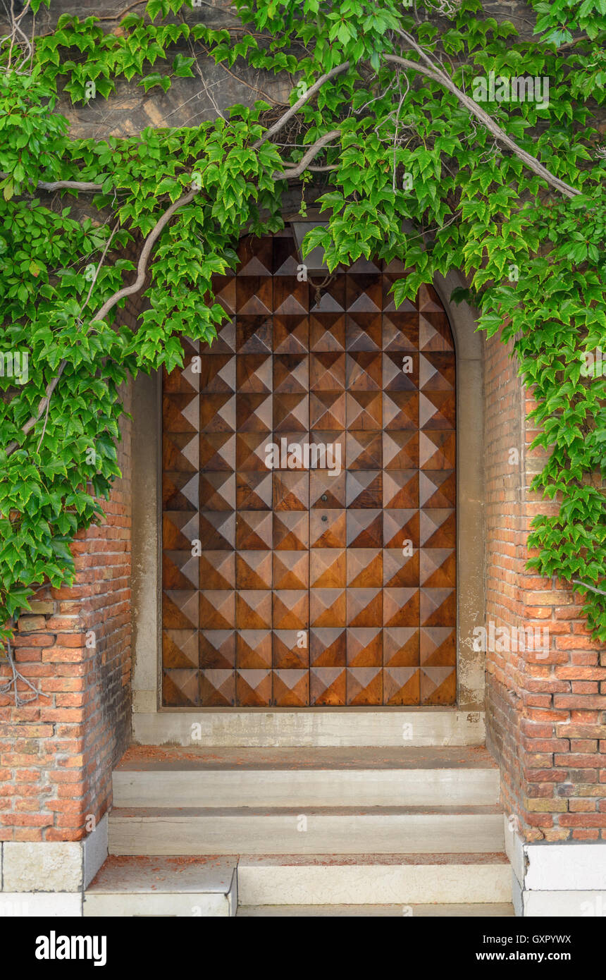 Grande porta di legno di una casa con un ramo e foglie verdi a Venezia, Italia Foto Stock