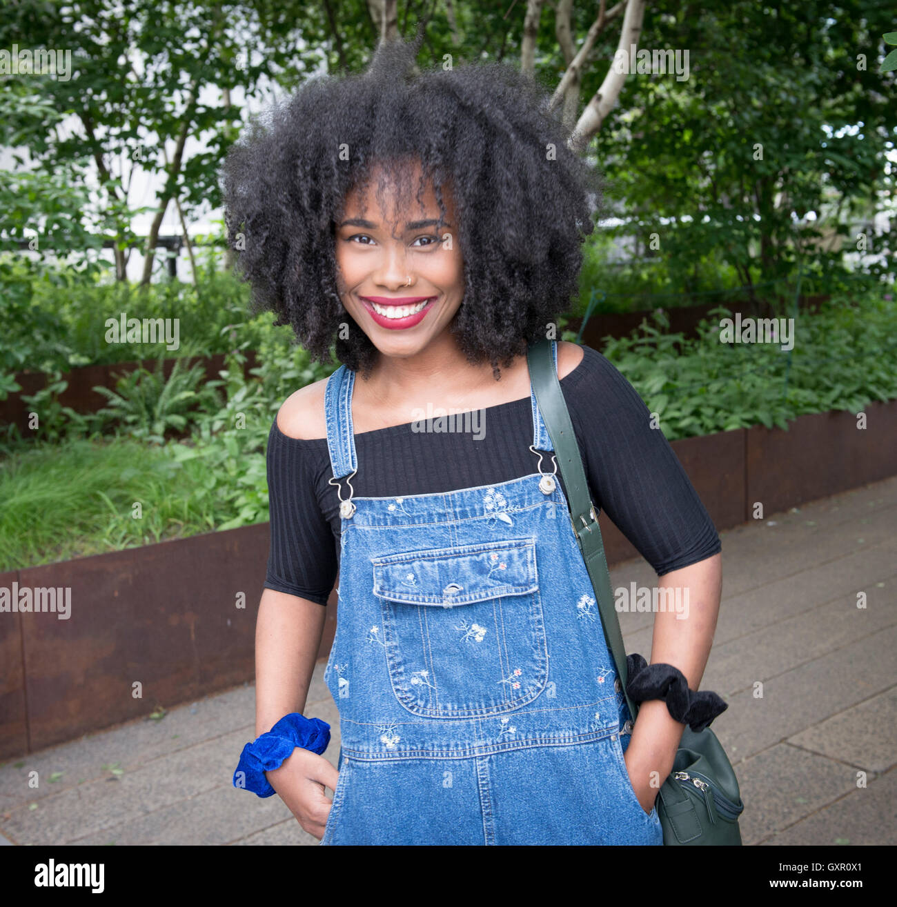 Donna che cammina con una linea ad alta, Manhattan, New York Foto Stock