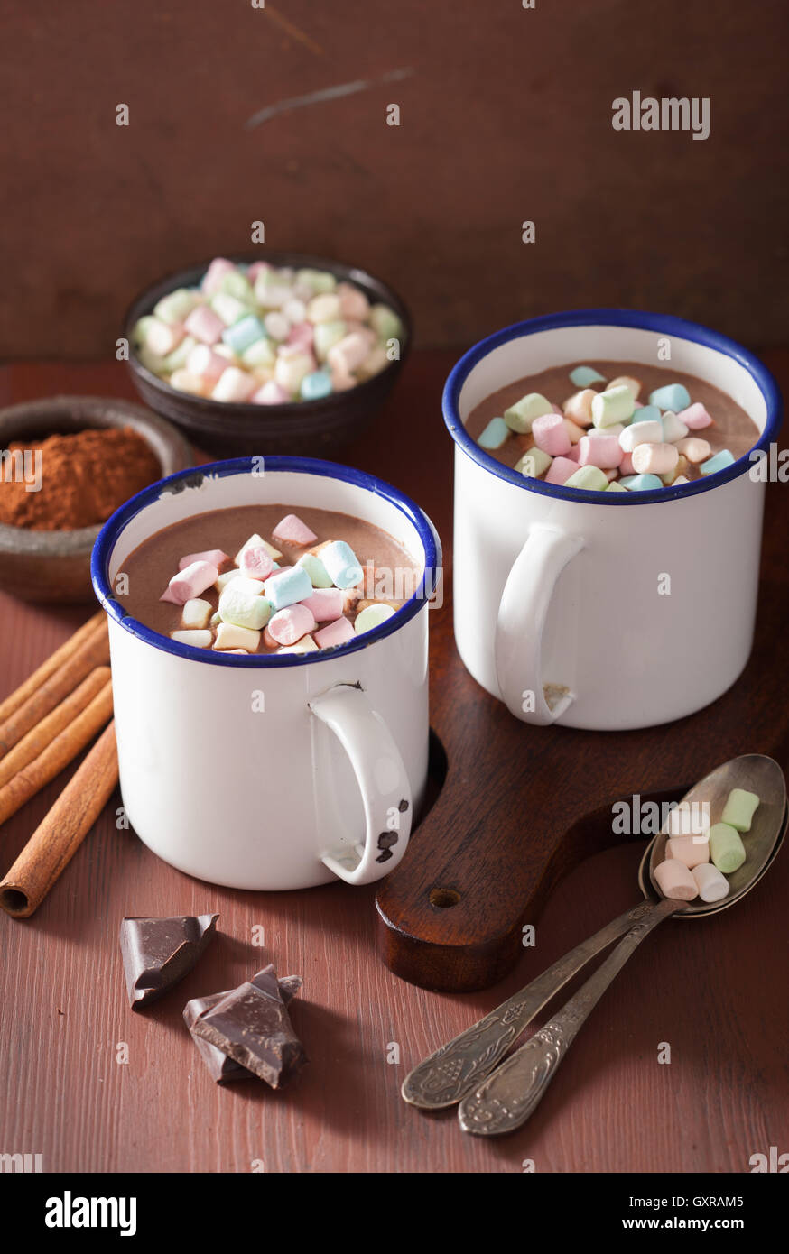 Cioccolata calda con mini marshmallows cannella bevanda invernale Foto Stock