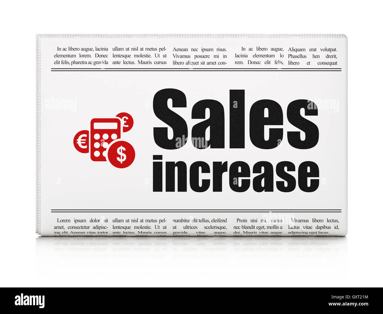 Pubblicità news concept: giornale con aumento di vendite e calcolatrice Foto Stock