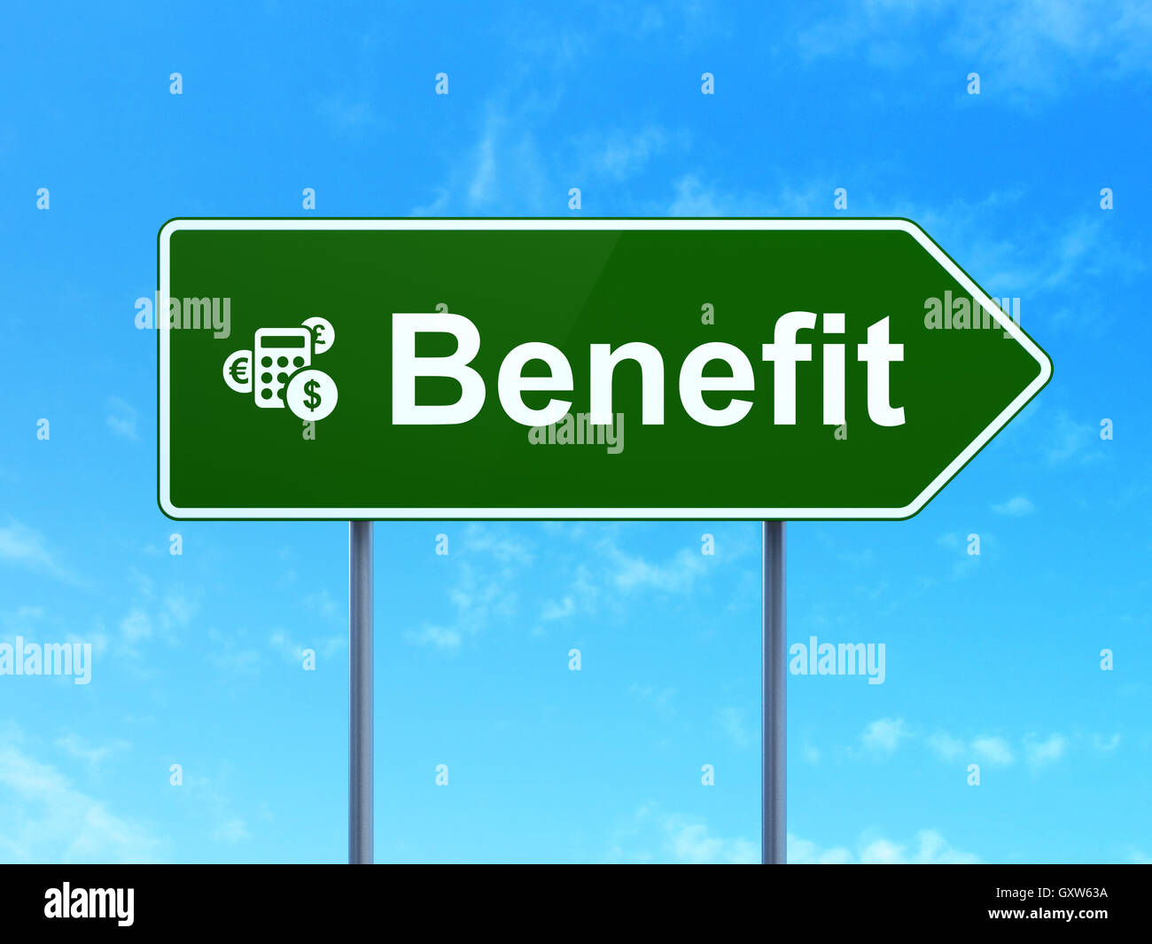 Il concetto di business: Vantaggio e calcolatrice sul cartello stradale sullo sfondo Foto Stock