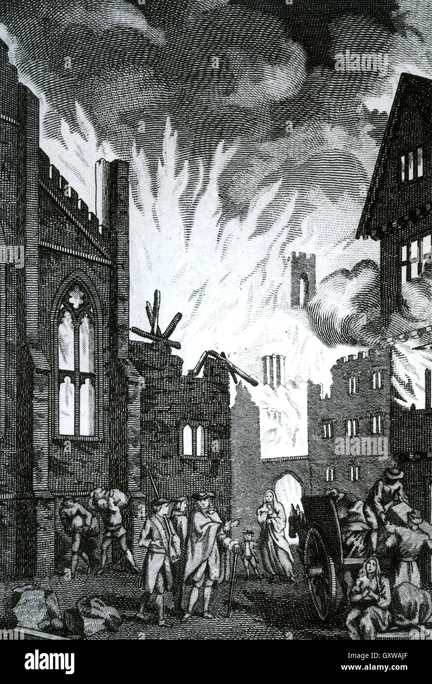 Grande Incendio di Londra 1666 da un vicino incisione contemporanea Foto Stock