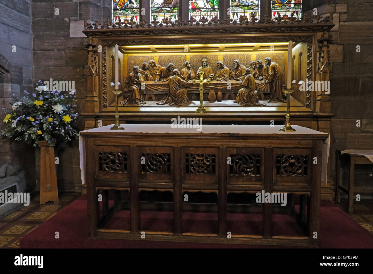 St Wilfrids Chiesa Grappenhall- Ultima cena altare reredos, Warrington Cheshire Foto Stock