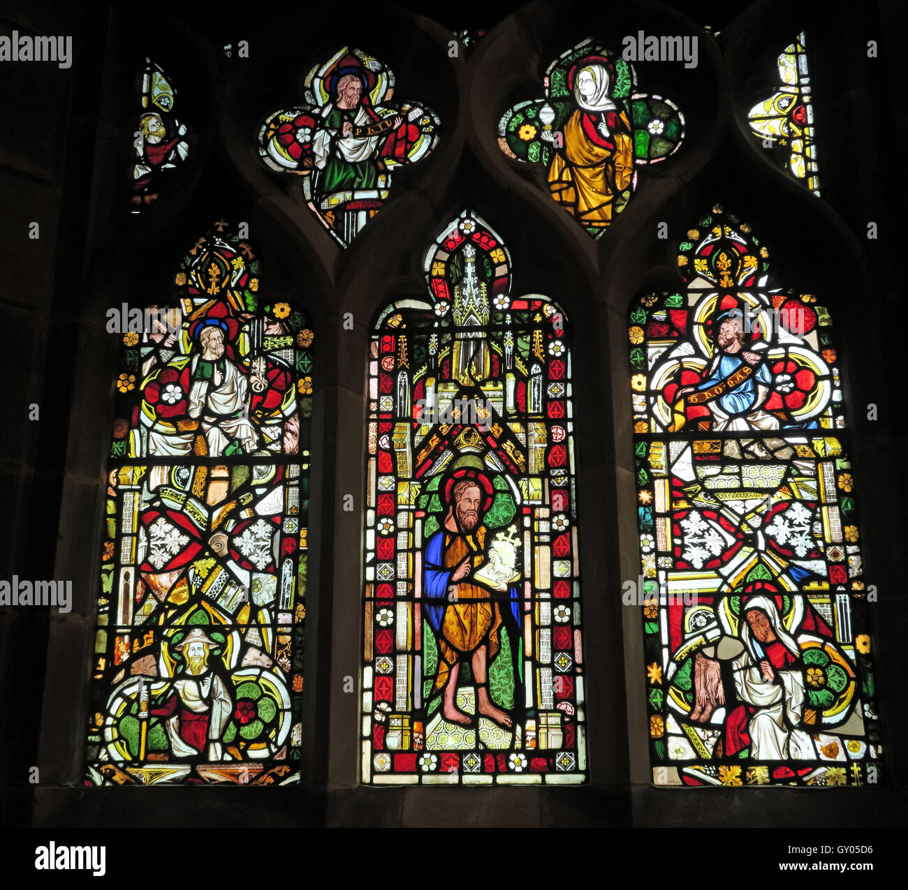 St Wilfrids Chiesa Grappenhall- originale di vetro macchiato finestra Occidentale, Warrington Foto Stock