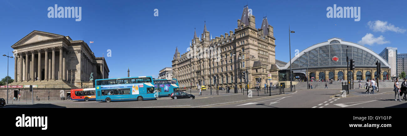 Lime Street Panorama, inclusi St Georges Hall, principale stazione ferroviaria Foto Stock