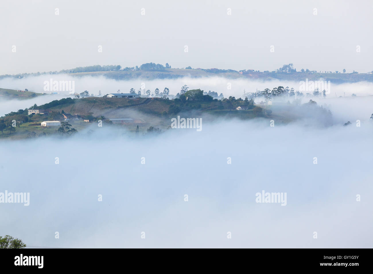 Paesaggio rurale terreni agricoli contemplati nella nube di nebbia attraverso valli e colline paesaggio Foto Stock