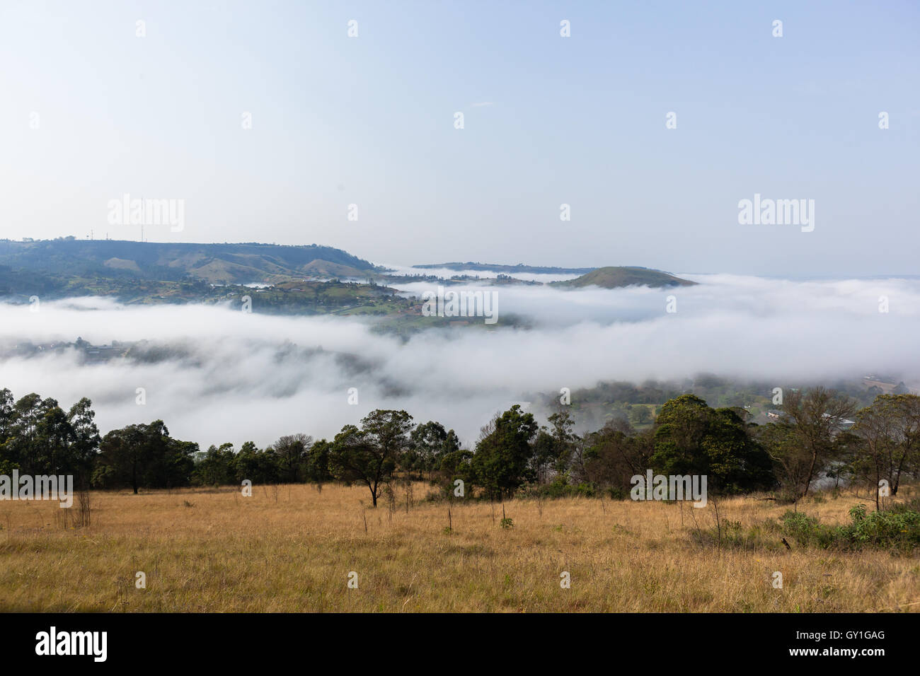 Paesaggio rurale terreni agricoli contemplati nella nube di nebbia attraverso valli e colline paesaggio Foto Stock