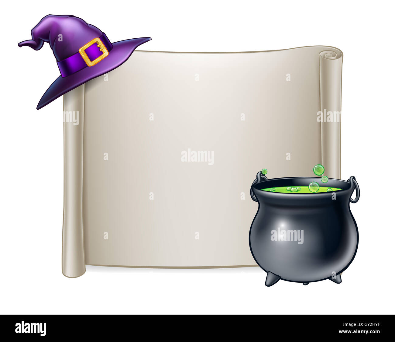 Un cartoon Halloween segno di scorrimento sfondo con una procedura guidata o witchs hat e un calderone magico Foto Stock