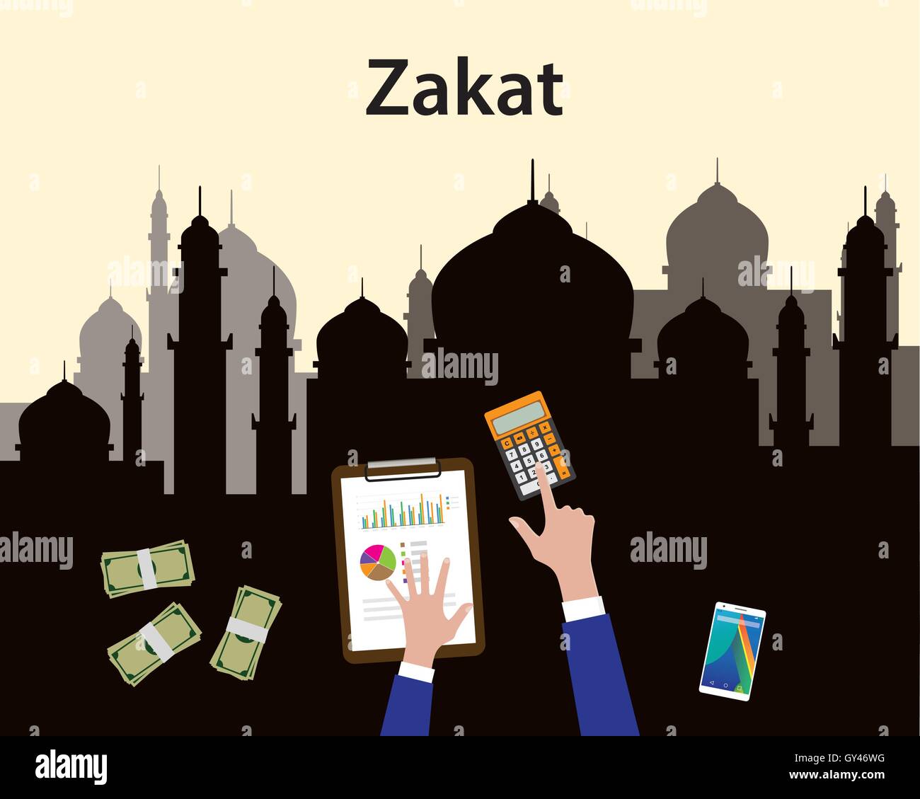 La zakat concetto islam musulmani conte conteggiare denaro con la mano la vista dall'alto con moschea come sfondo Illustrazione Vettoriale