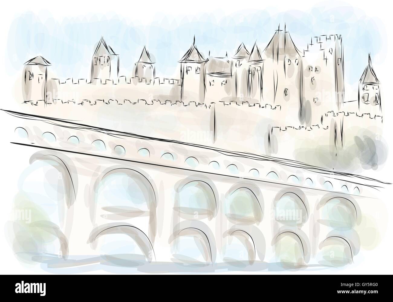 Languedoc. illustrazione astratta di fort su sfondo multicolore Illustrazione Vettoriale