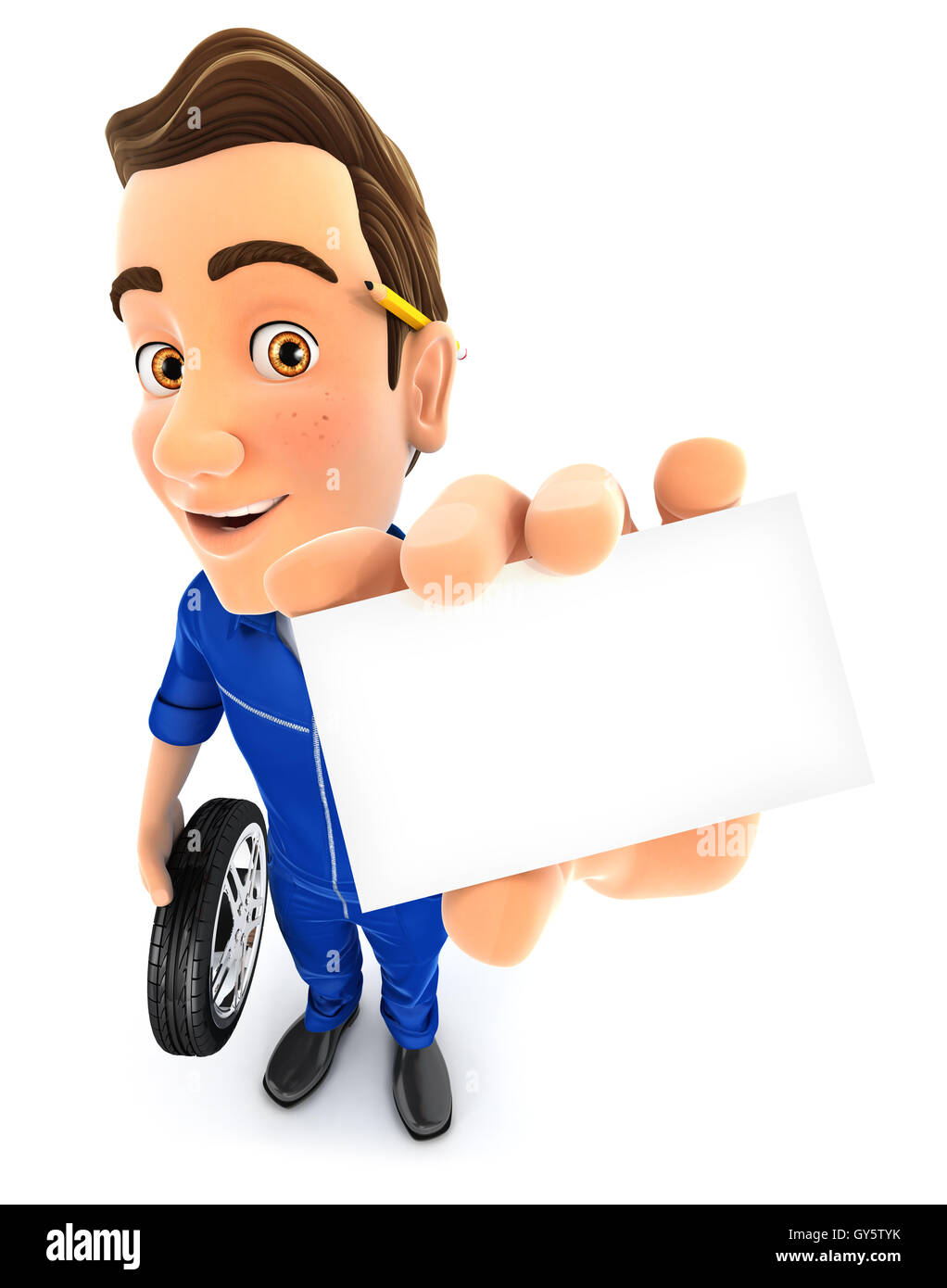 3d meccanico holding company card, illustrazione isolato con sfondo bianco Foto Stock