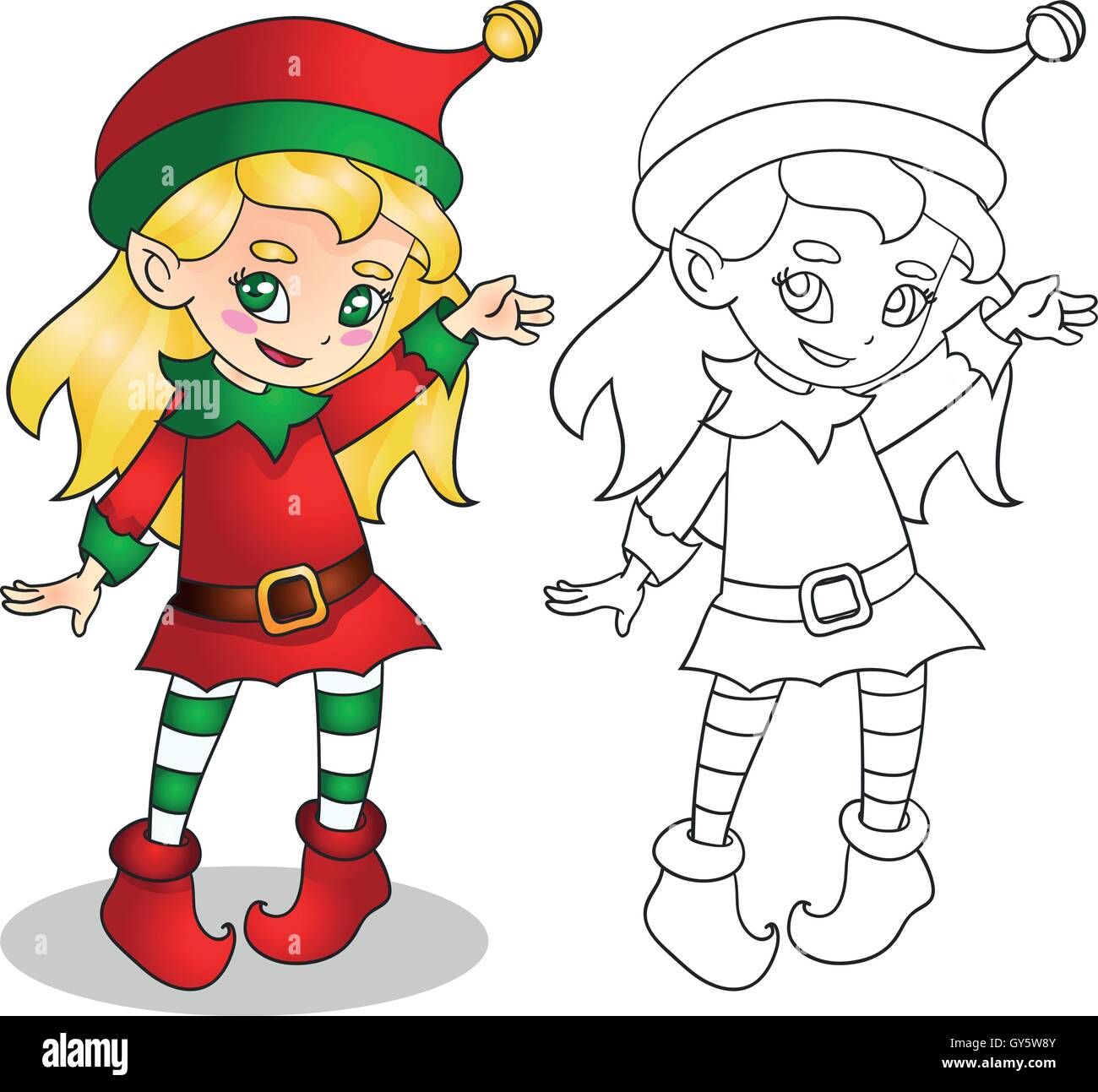 Natale elf girl character illustrazione vettoriale, contorno Illustrazione Vettoriale