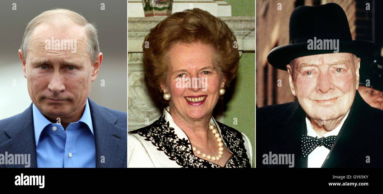 File non datata del composito (da sinistra a destra) Vladimir Putin, Margaret Thatcher e Sir Winston Churchill, come Ukip è di nuovo leader Diane James ha rivelato a loro come i suoi eroi politici. Foto Stock
