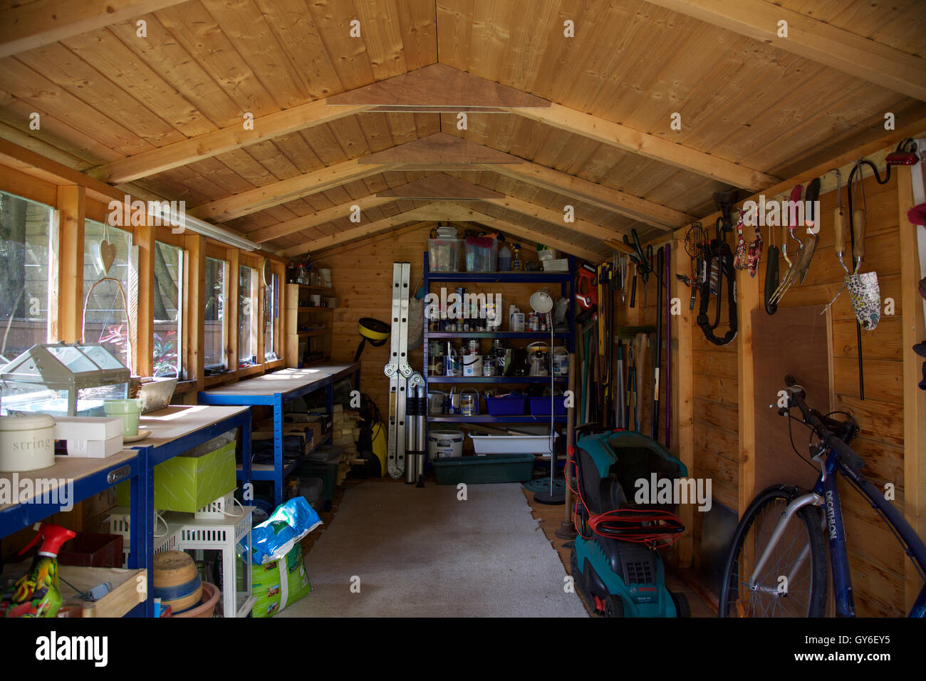 All interno del giardino in legno capannone con tetto con banco di lavoro strumenti pensili serra tosaerba e ripiani con della vernice e la scaletta Foto Stock
