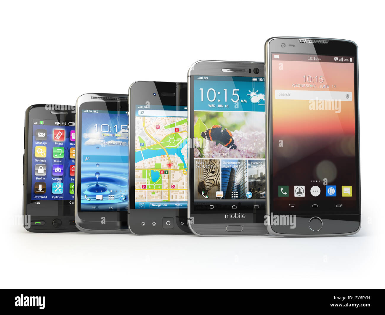 Fila di smartphone diversi isolati su bianco. Scegliere il telefono cellulare. Lo sviluppo delle comunicazioni mobili concetto. 3d illustr Foto Stock