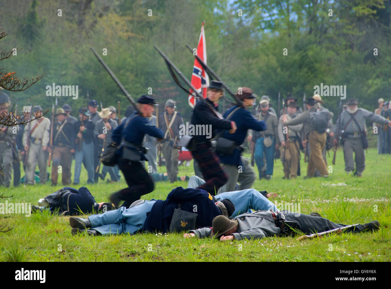 Battaglia rievocazione, guerra civile rievocazione, Cheadle Lake Park, Libano, Oregon Foto Stock