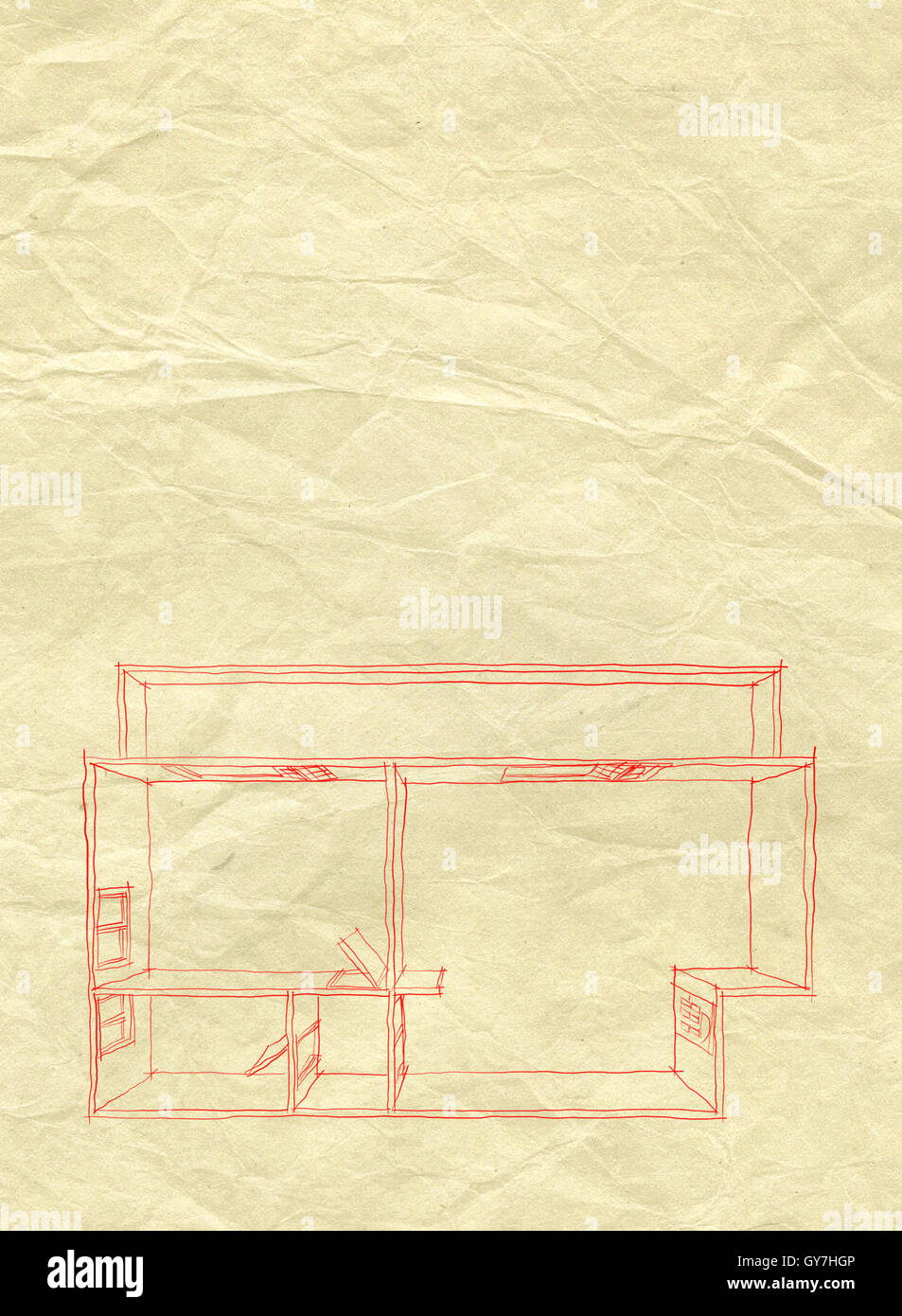 Digitale 2d penna rossa freehand disegno di vuoto home appartamento sulla vecchia carta Foto Stock