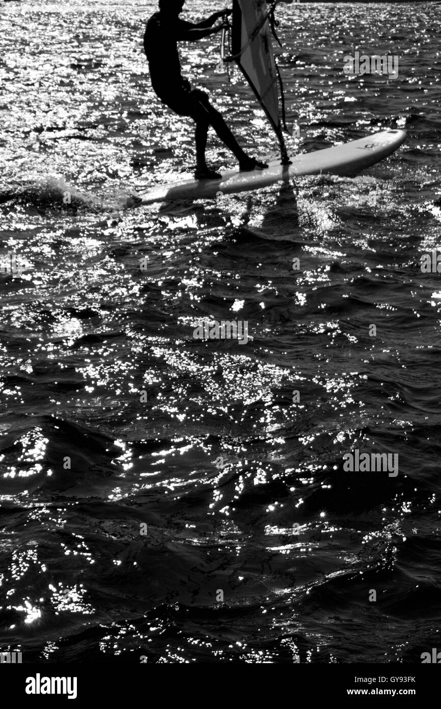 Bianco & Nero fotografia di un windsurf sul windsurf sul mare, il windsurf si staglia sul retro sunlig Foto Stock
