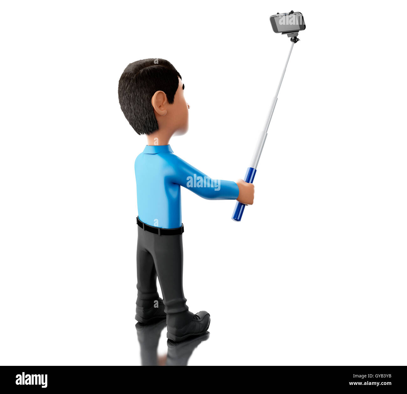 3d'illustrazione. L'uomo prendendo un selfie con selfie stick e smartphone. Isolato sullo sfondo bianco. Foto Stock
