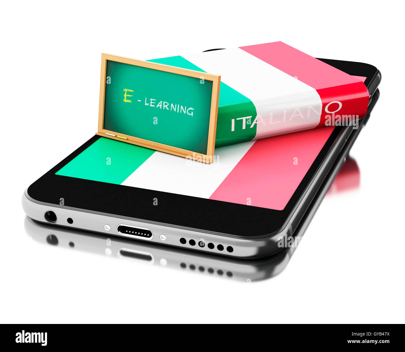 3d'illustrazione. Smartphone con libro italiano. L apprendimento delle lingue straniere. Isolato sullo sfondo bianco. Foto Stock