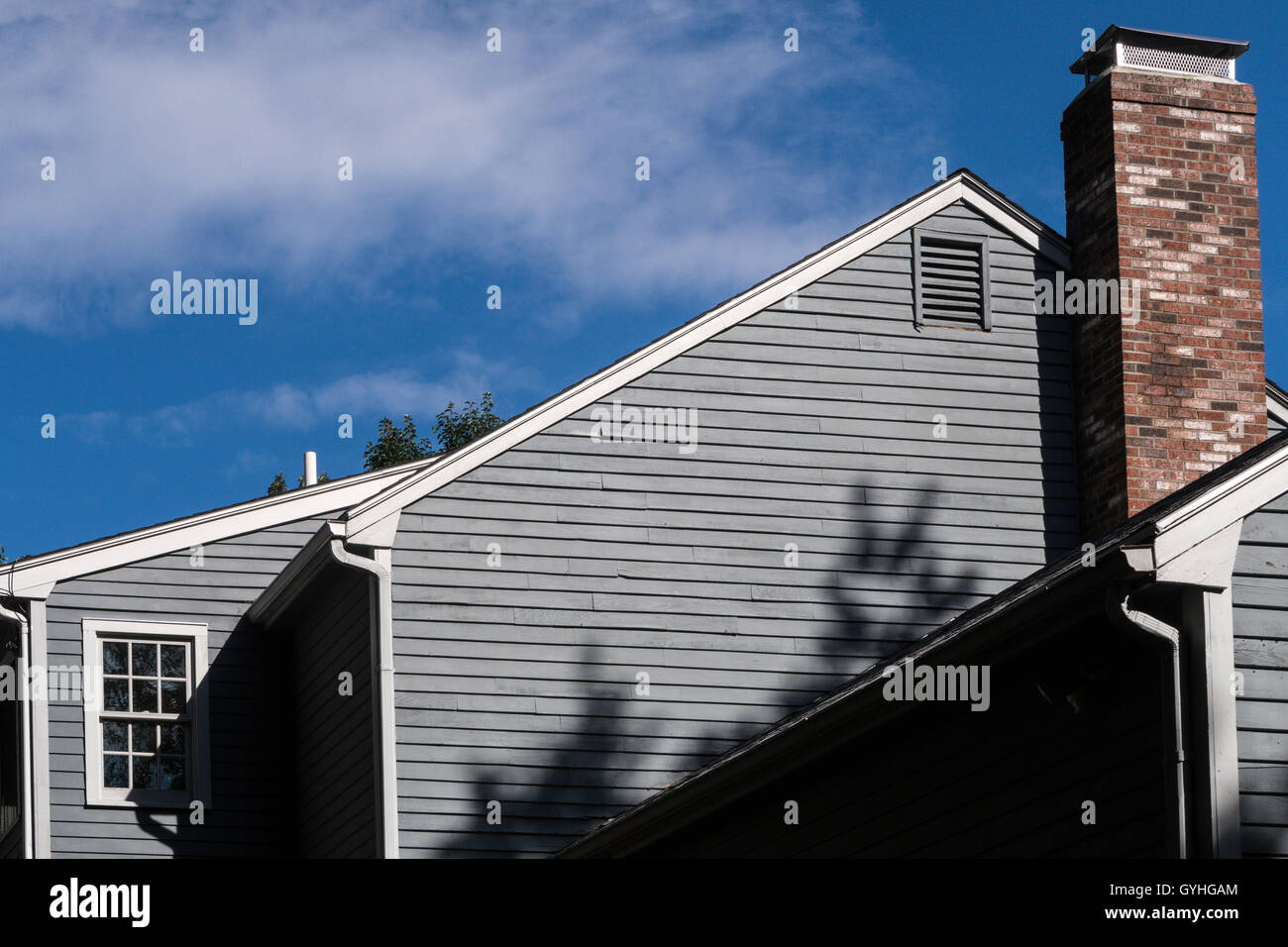 Ciminiera in mattoni e tetto sulla linea di lusso casa residenziale, New England, STATI UNITI D'AMERICA Foto Stock