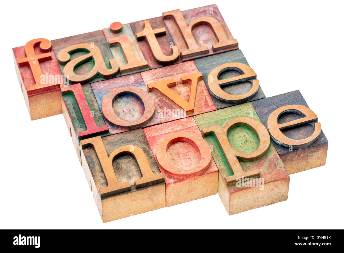 Biblico, spirituale o metafisico promemoria - fede, speranza e amore - parola abstract in rilievografia wood tipo blocchi colorati da Foto Stock
