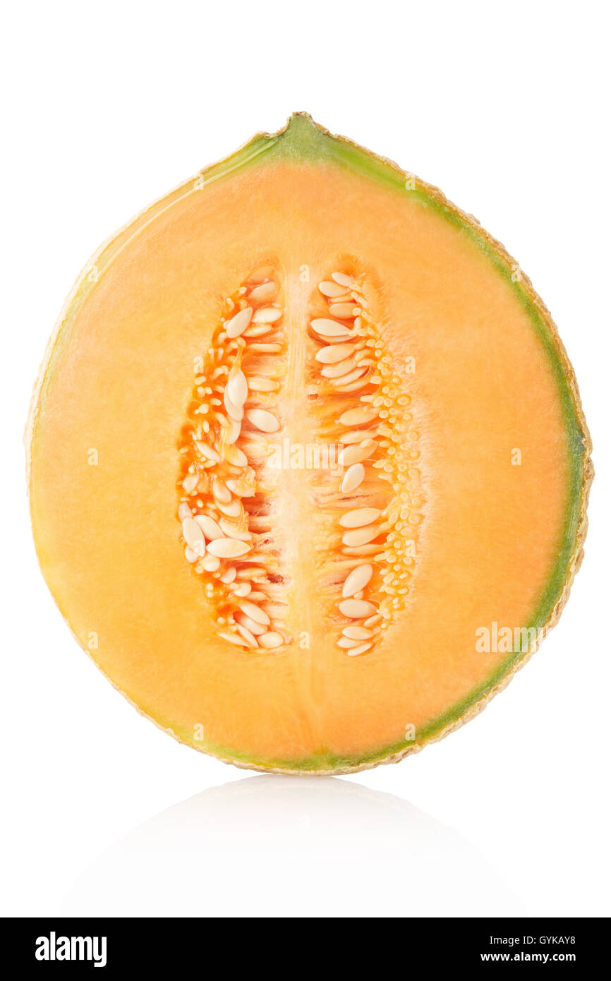 Il melone Cantalupo metà sul bianco, tracciato di ritaglio Foto Stock