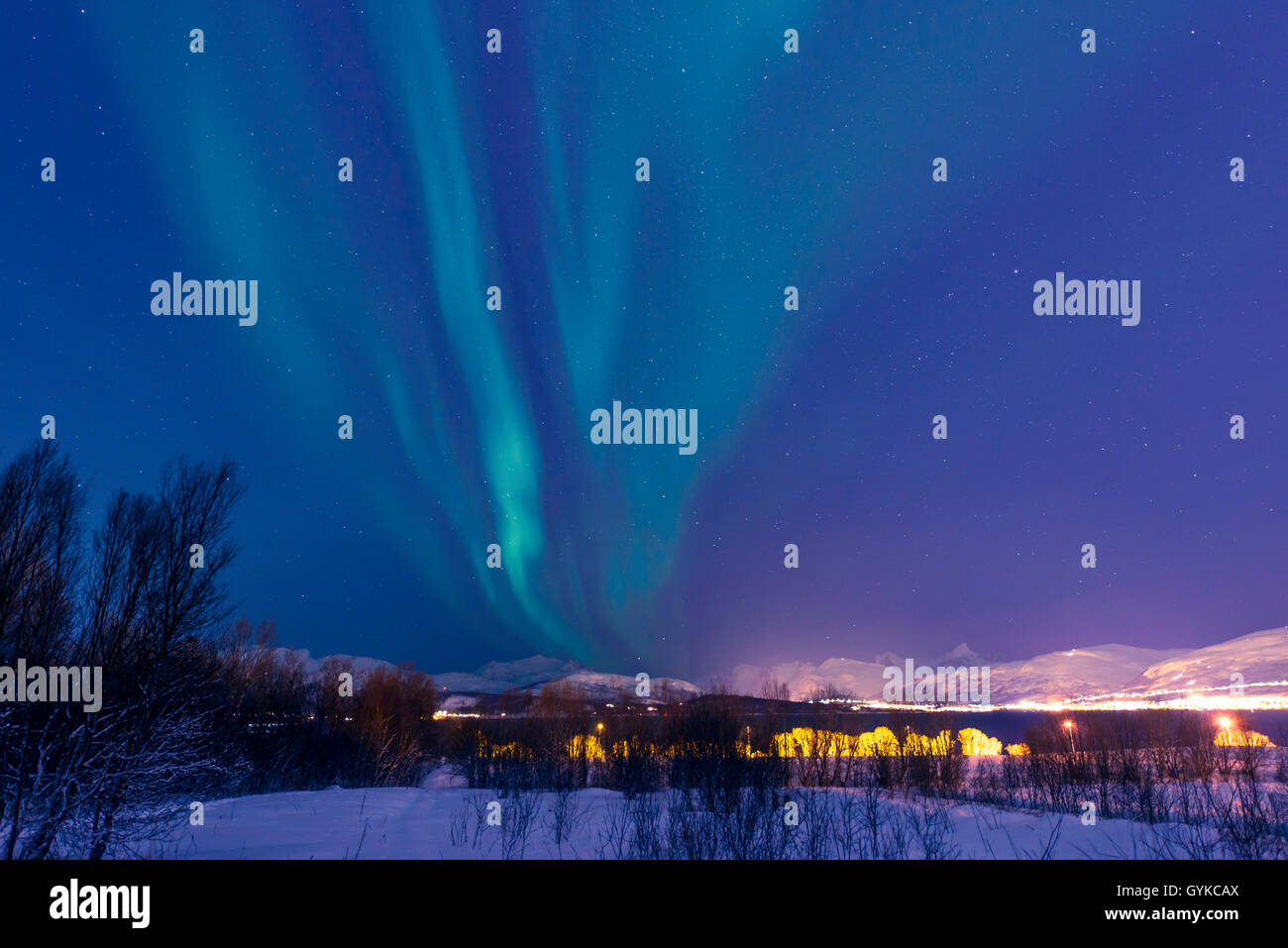 Aurora su isola Kvaloya, Norvegia, Troms, Kvaloeya, Tromsoe Foto Stock