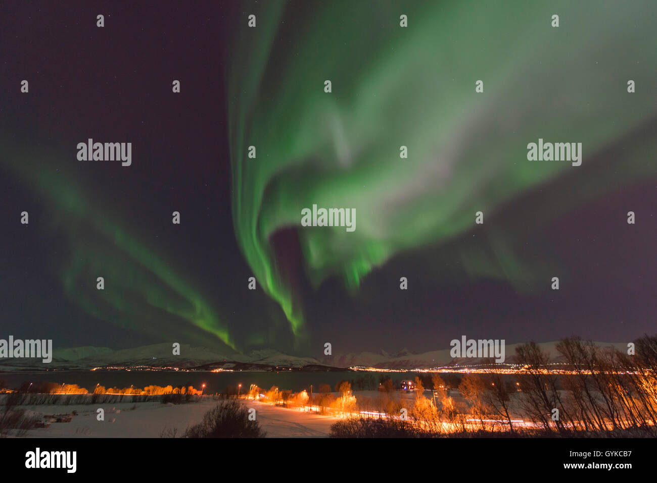 Aurora su isola Kvaloya, Norvegia, Troms, Kvaloeya, Tromsoe Foto Stock