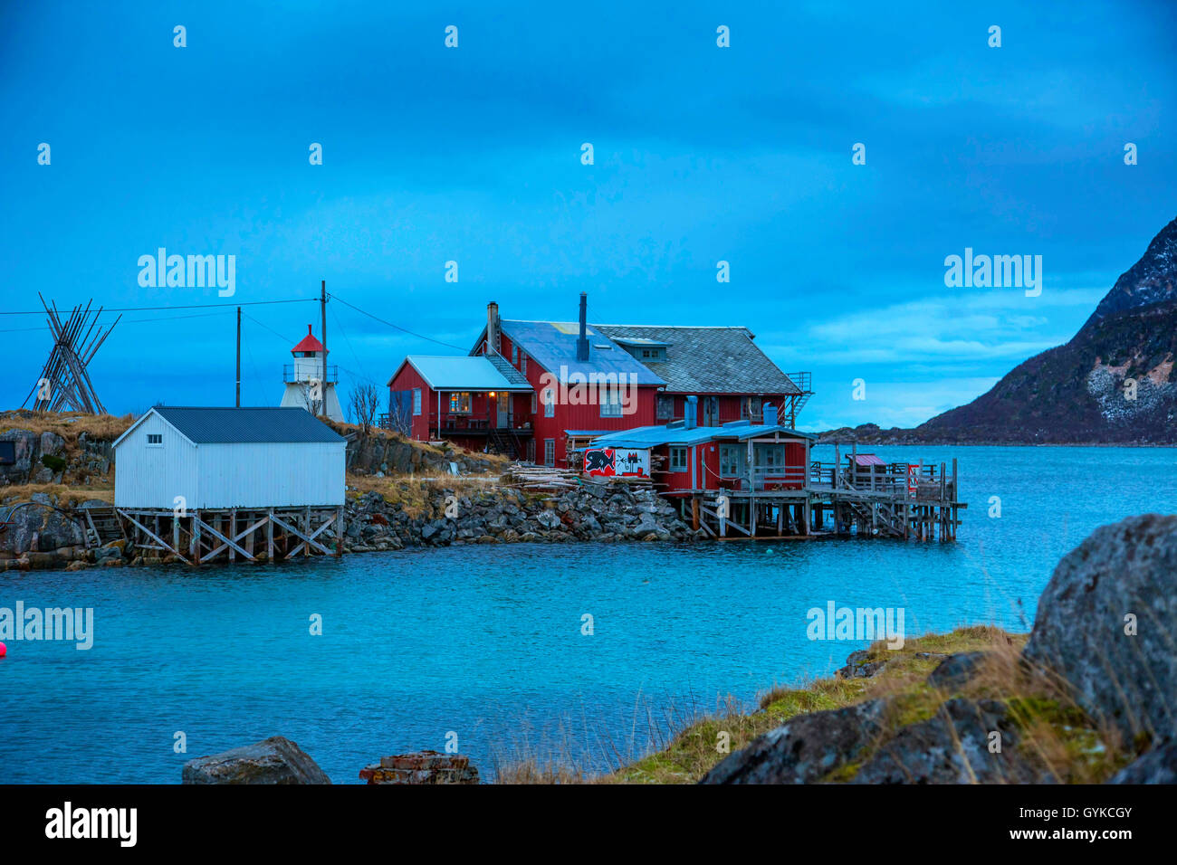 B°vµr, KrÕkeslottet a Skaland beach, Norvegia, Fylke Troms, Senja Bergsfjord Foto Stock