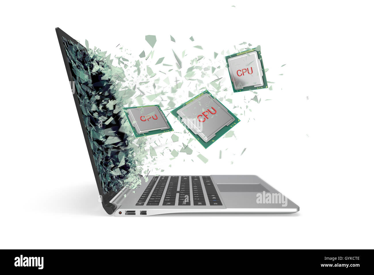 CPU vola fuori dal laptop smashing il vetro in pezzi. 3d illustrazione Foto Stock