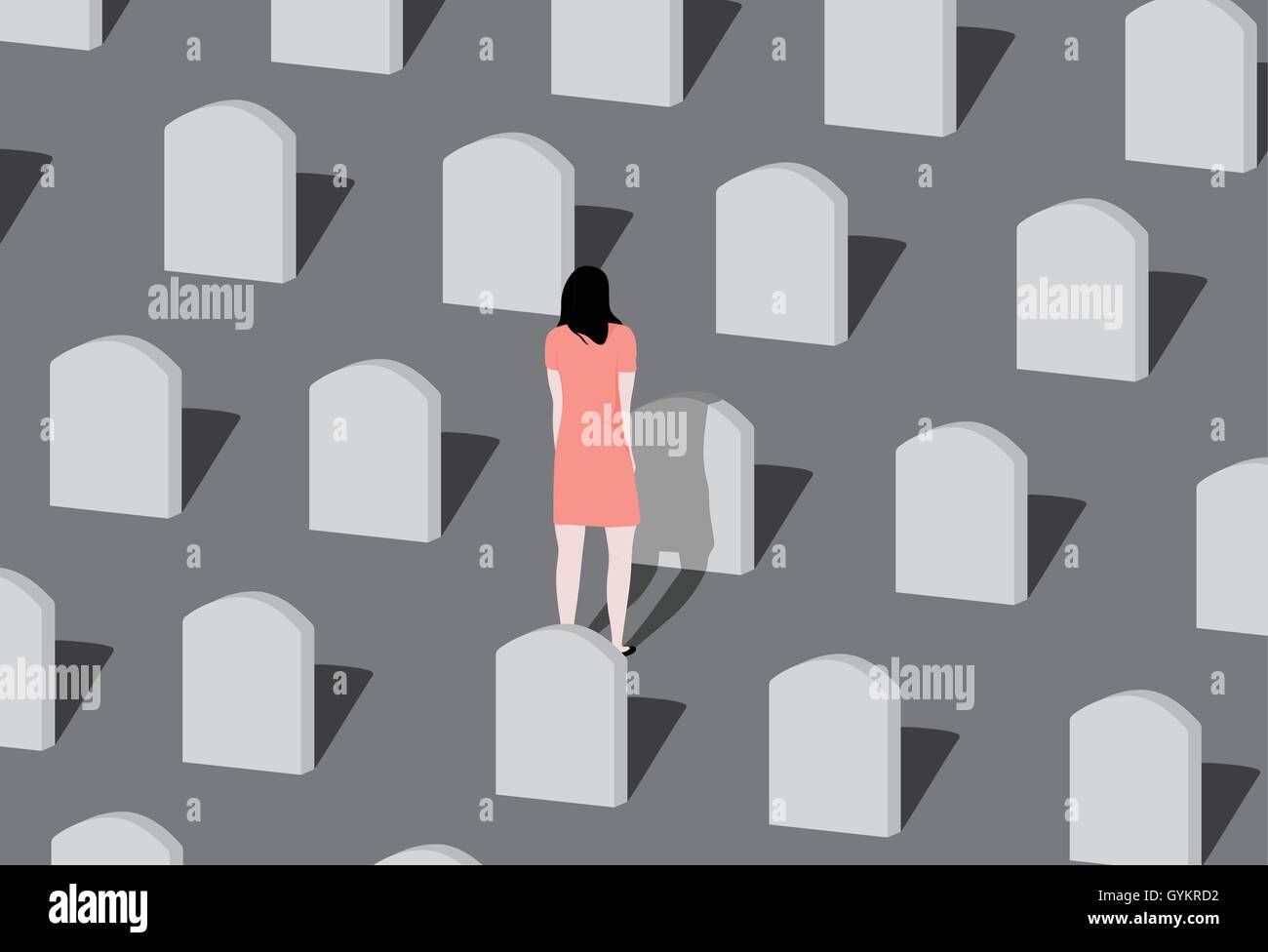 Giovane donna in visita a una persona cara al cimitero. Illustrazione Vettoriale