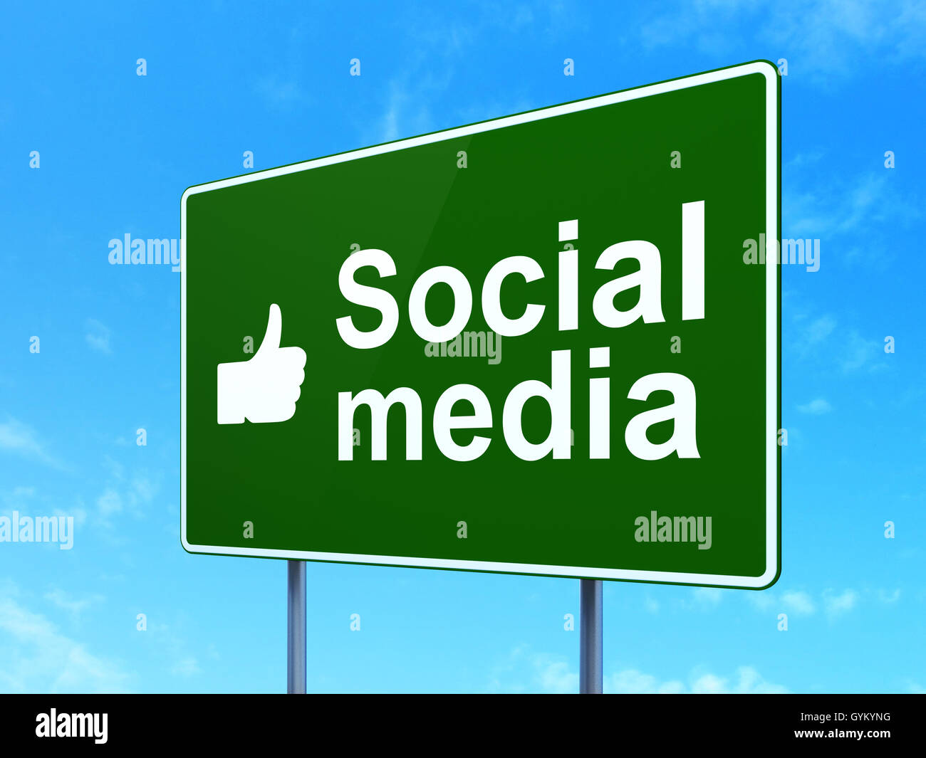 Sociale il concetto di rete: i Social Media e il pollice sul cartello stradale sullo sfondo Foto Stock