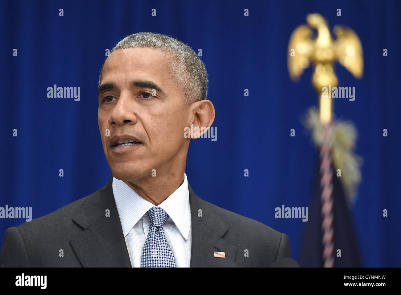 New York, Stati Uniti d'America. Xix Sep, 2016. Il Presidente degli Stati Uniti Barack Obama tiene una conferenza stampa circa il recente bombardamento nella regione di New York a Lotte New York Palace Hotel di New York, il 19 settembre 2016. La sera di settembre 17, 2016 una bomba collocata in un cassonetto in esploso la parte inferiore di Manhattan il ferimento di almeno 29 persone. Credito: Anthony Behar/Piscina via CNP Credito: Anthony Behar/CNP/ZUMA filo/Alamy Live News Foto Stock