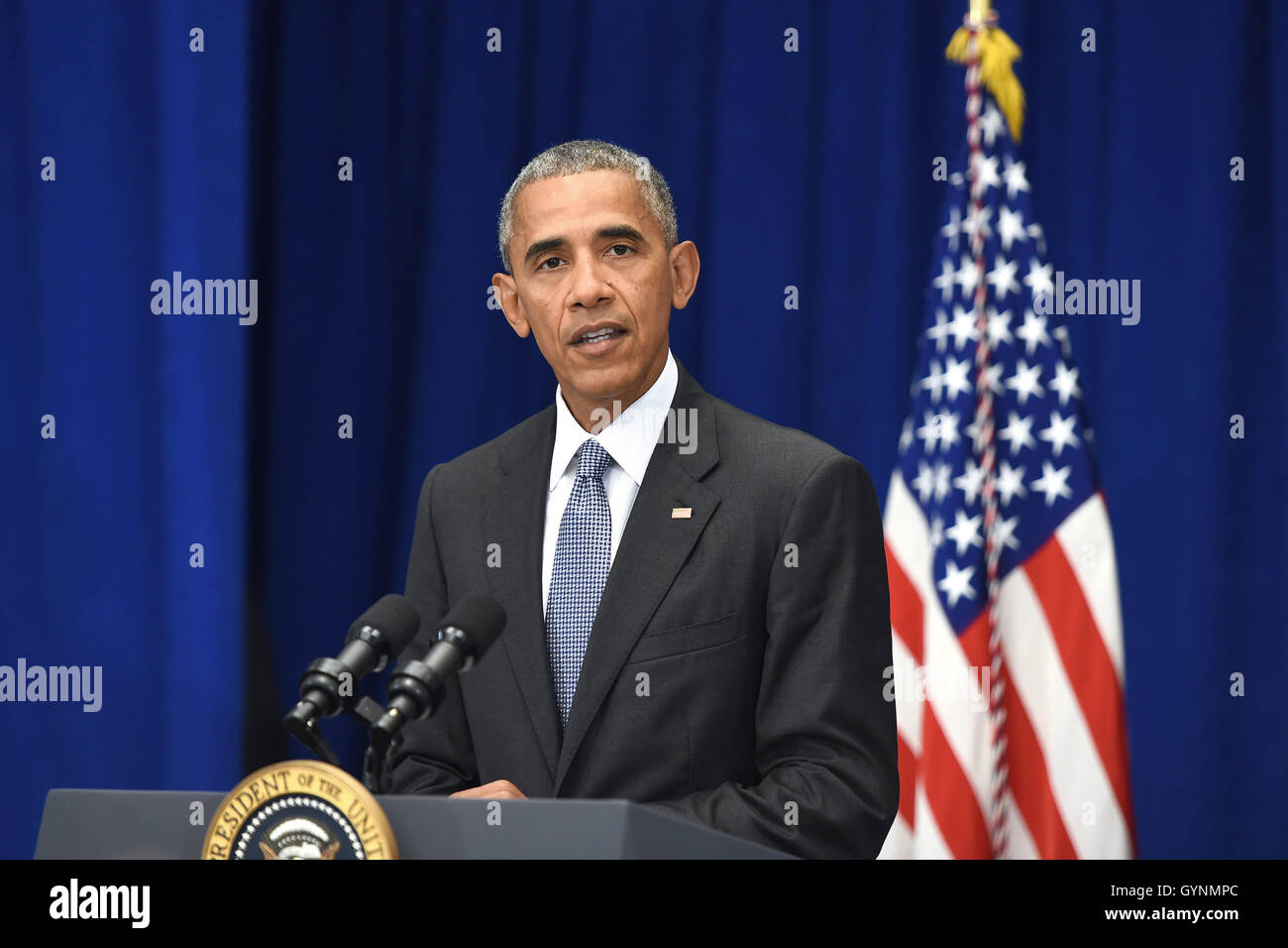 New York, Stati Uniti d'America. Xix Sep, 2016. Il Presidente degli Stati Uniti Barack Obama tiene una conferenza stampa circa il recente bombardamento nella regione di New York a Lotte New York Palace Hotel di New York, il 19 settembre 2016. La sera di settembre 17, 2016 una bomba collocata in un cassonetto in esploso la parte inferiore di Manhattan il ferimento di almeno 29 persone. Credito: Anthony Behar/Piscina via CNP Credito: Anthony Behar/CNP/ZUMA filo/Alamy Live News Foto Stock