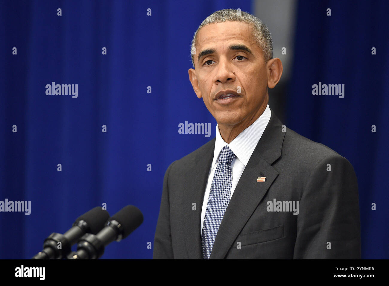 New York, Stati Uniti d'America. Xix Sep, 2016. Il Presidente degli Stati Uniti Barack Obama tiene una conferenza stampa circa il recente bombardamento nella regione di New York a Lotte New York Palace Hotel di New York, il 19 settembre 2016. La sera di settembre 17, 2016 una bomba collocata in un cassonetto in esploso la parte inferiore di Manhattan il ferimento di almeno 29 persone. Credito: Anthony Behar/Piscina via CNP Credito: Anthony Behar/CNP/ZUMA filo/Alamy Live News Foto Stock