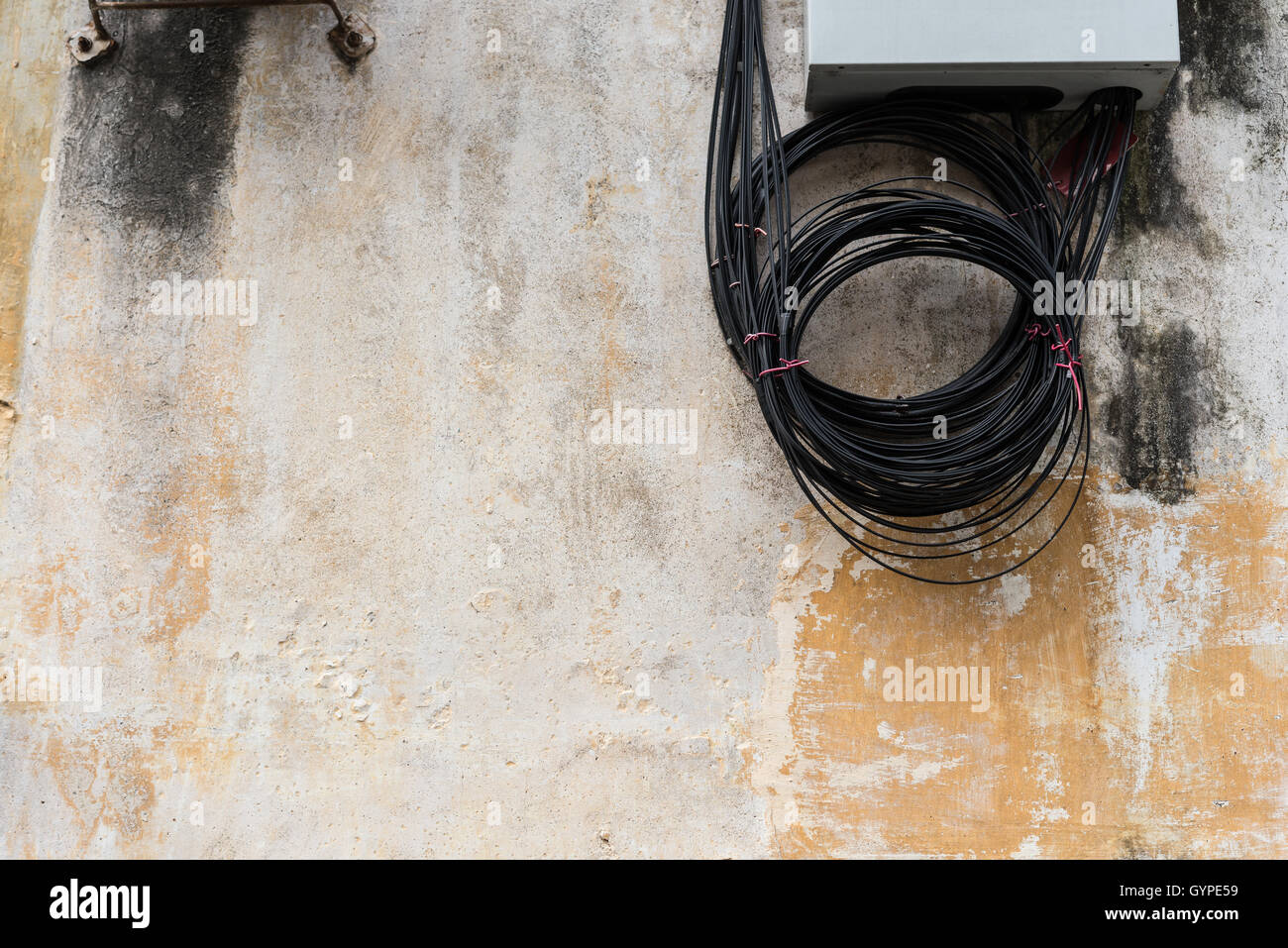 La scatola di distribuzione di cavi in fibra ottica sulla parete Foto Stock